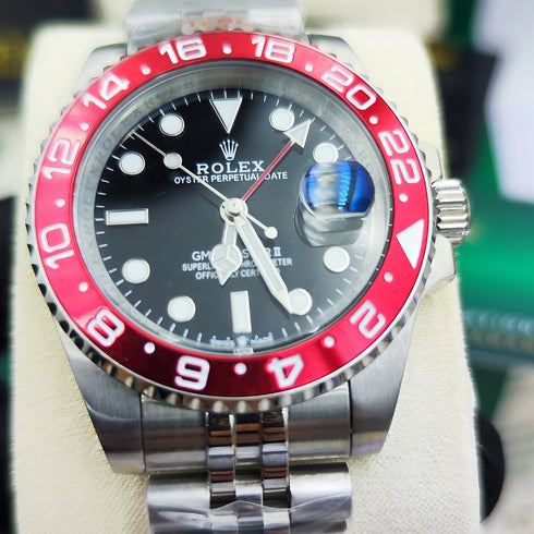 RX-Rolex gmtmaster ii stainless steel black dial red ceramic bezel jubilee bracelet