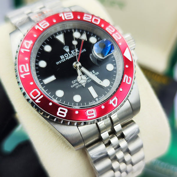 RX-Rolex gmtmaster ii stainless steel black dial red ceramic bezel jubilee bracelet